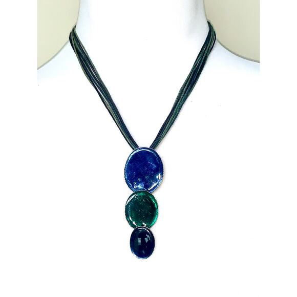 EVA Blue Green Cascading Oval Pendant Statement Necklace EUC - Picture 4 of 5